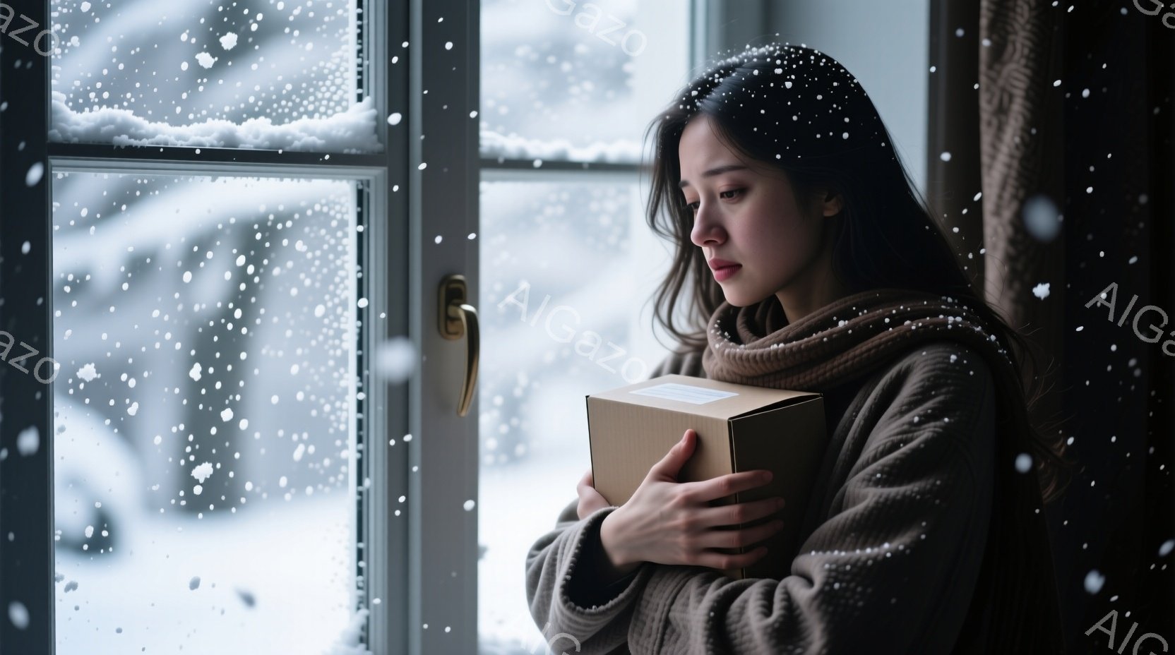 長い黒髪を肩にかける女性が、窓際に立って段ボールの箱を抱えています。彼女はクリーム色の厚手のセーターとスカーフを着ており、憂鬱そうな表情で外を眺めています。窓の外は雪が降り積もり、白い景色が広がっており、全体的に寂しげで物憂げな雰囲気を醸し出しています。
