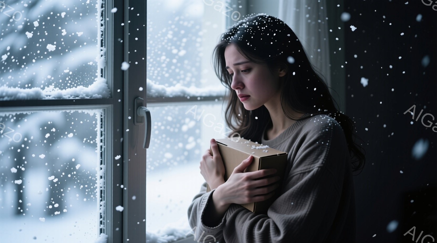 長い黒髪の女性が窓際に立っており、薄灰色のセーターを着ています。彼女は両手で段ボール箱を抱きしめ、憂鬱そうな表情で外を眺めています。背景は雪が舞い降りる冬の風景で、窓の外には白い雪景色が広がっており、 - AI生成フリー素材