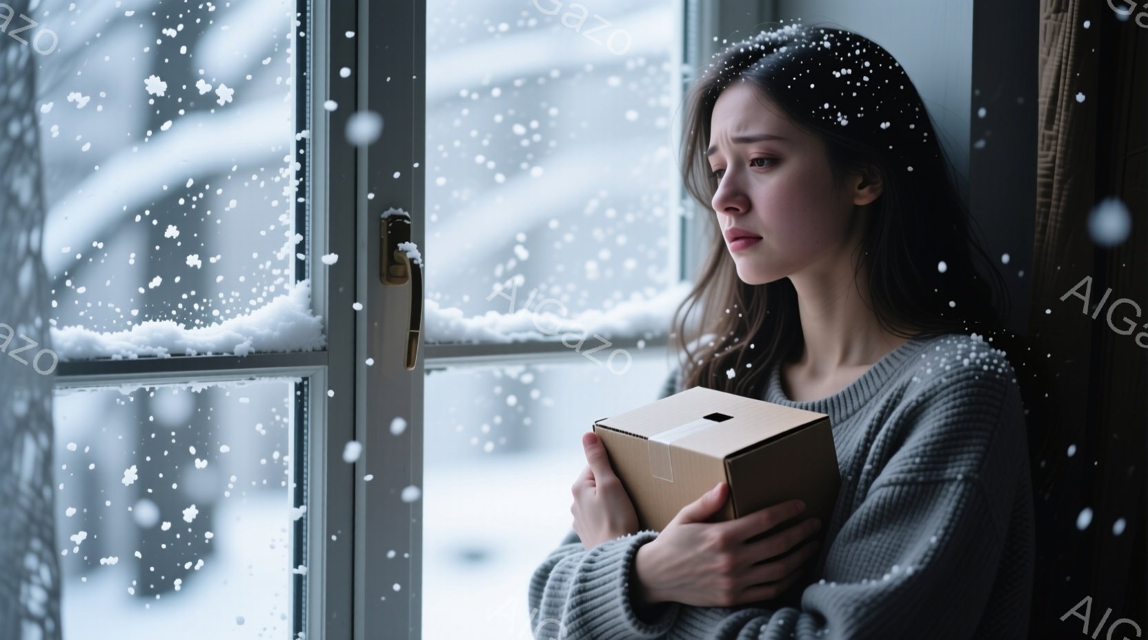 長い黒髪を肩まで垂らした女性が、窓枠に寄りかかって立っている。彼女はグレーのセーターを着ており、両手で小さな段ボール箱を抱きしめている。外は雪が降り積もり、窓の外には白い景色が広がっており、全体的に寂 - AI生成フリー素材
