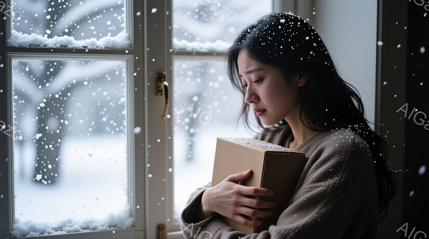 長い黒髪の女性が窓辺に立ち、茶色のセーターを着ています。彼女は何か箱のようなものを抱きしめ、憂いを帯びた表情で外を見つめています。窓の外は雪が降り積もり、建物がぼんやりと見え、静かで物憂い雰囲気が漂っ - AI生成フリー素材