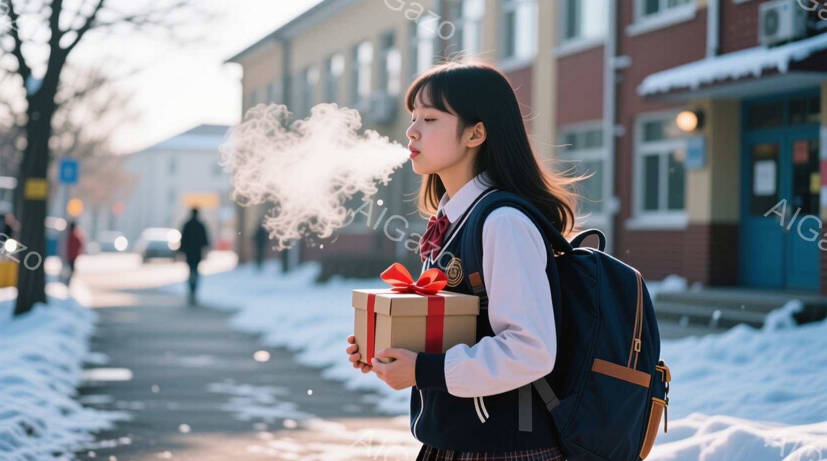 長い黒髪をセンターパートにした若い女性が、赤いリボンが付いたギフトボックスを抱えています。彼女は紺色のベストとチェックのスカート、白いシャツを着ており、肩にはバックパックを背負っています。背景は雪に覆われた通りとレンガ造りの建物で、息が白いことから寒い冬の日であることがわかります。