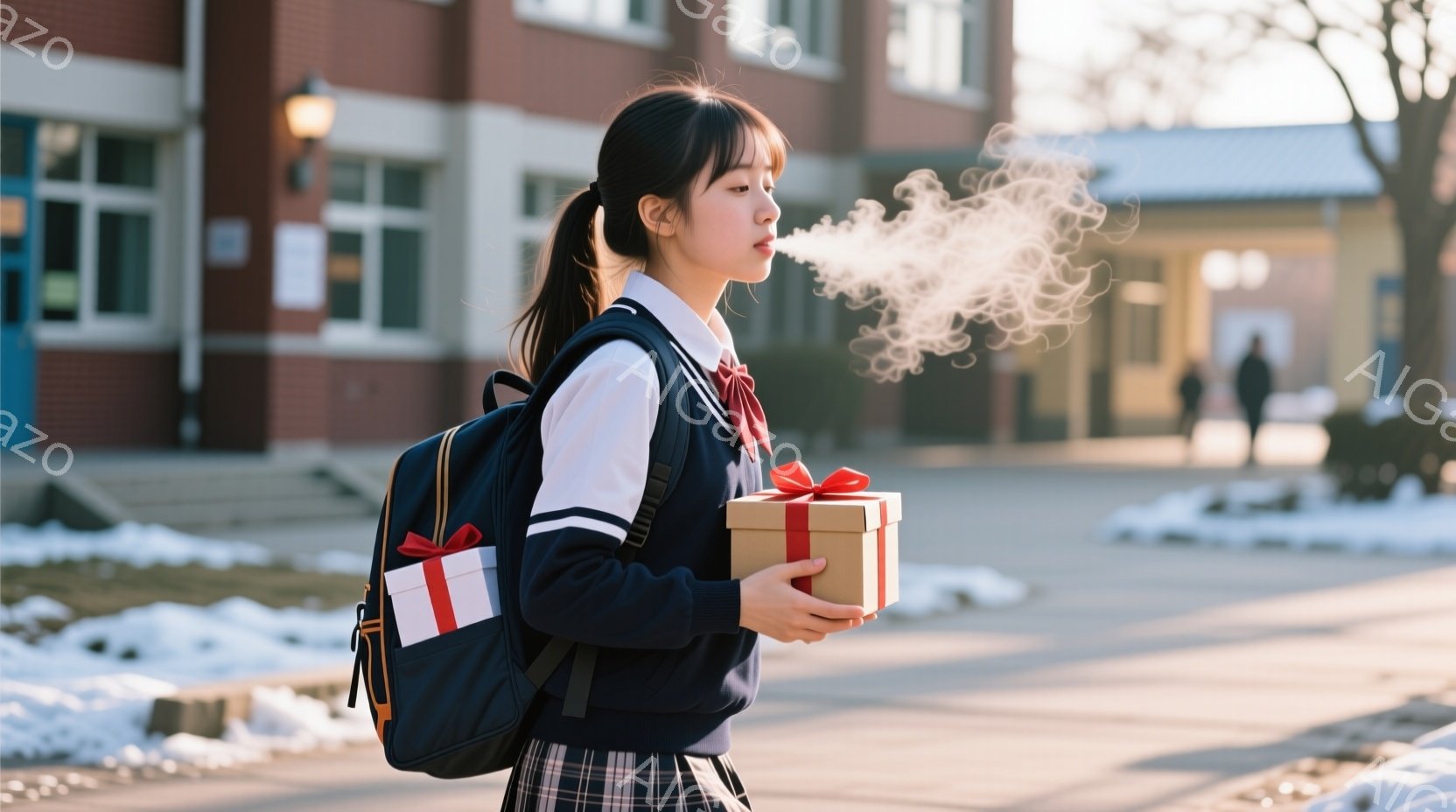 制服姿の女子学生が、プレゼントボックスを抱えて歩いている様子が描かれています。彼女は紺色のブレザーにチェックのスカートを合わせ、髪をポニーテールにしています。背景にはレンガ造りの建物が見え、雪が残る冬の日の穏やかな雰囲気が漂っています。