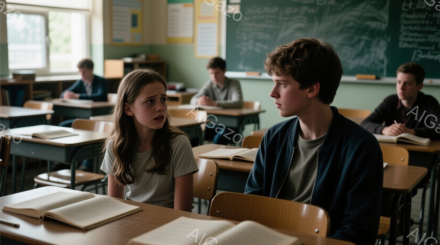画像は教室の内部で、少女と少年が机に向かい合って座っている様子を捉えています。少女は茶色の髪を肩まで伸ばし、驚いた表情で少年を見つめており、白いTシャツを着ています。少年は濃い青色のジャケットを着ており、真剣な表情で何かを考えているように見えます。