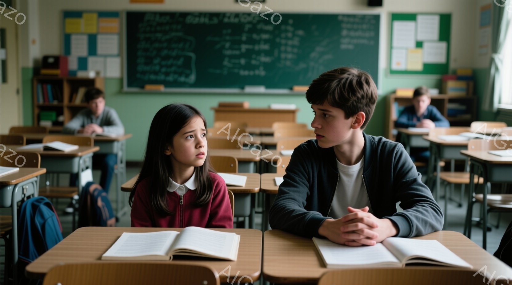 教室の中で、一人の少女と少年が机に向かい合って座っています。少女は赤いセーターを着ており、少し不安そうな表情をしています。少年は濃い色のジャケットを着て腕を組んでおり、少し考え込んでいるような様子です。