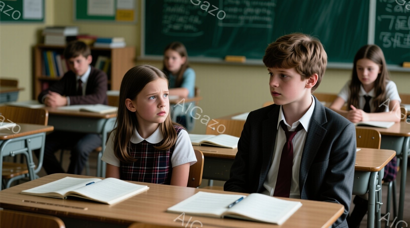 教室で机に向かい合う少年少女が写っている。少女はチェック柄のスカートと白いブラウス、短い茶色の髪で、少し心配そうな表情をしている。少年はネクタイのついた制服を着ており、少し眉をひそめて何か考えている様 - AI生成フリー素材
