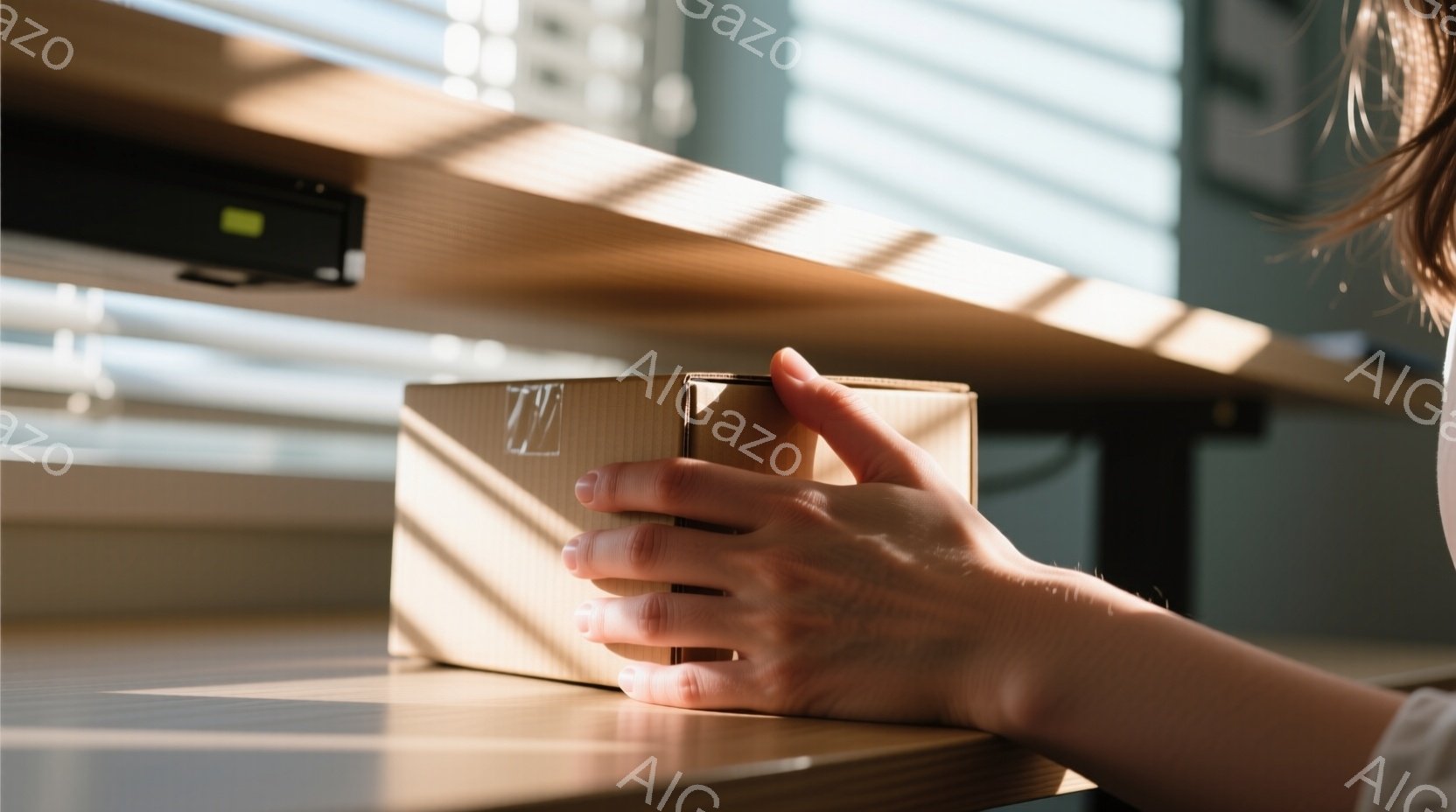 明るい光が差し込む室内で、茶色の段ボール箱を女性の手が持っている。指先にはマニキュアが塗られており、箱は木製のテーブルの上に置かれている。背景には、窓の外の建物がぼんやりと見え、全体的に穏やかで日常的な雰囲気が漂っている。