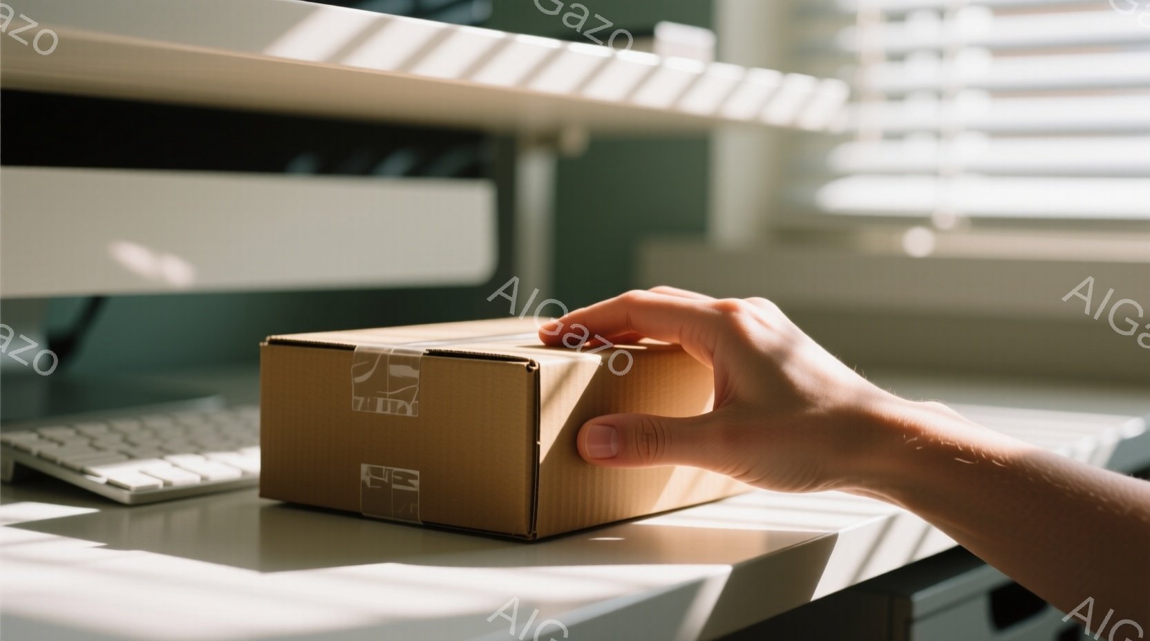 茶色の段ボール箱が、白い机の上に置かれ、片手で軽く押さえられています。背景には、キーボードやモニターの一部が見え、室内であることがわかります。光が差し込み、箱の影が伸びており、モダンでシンプルな雰囲気です。