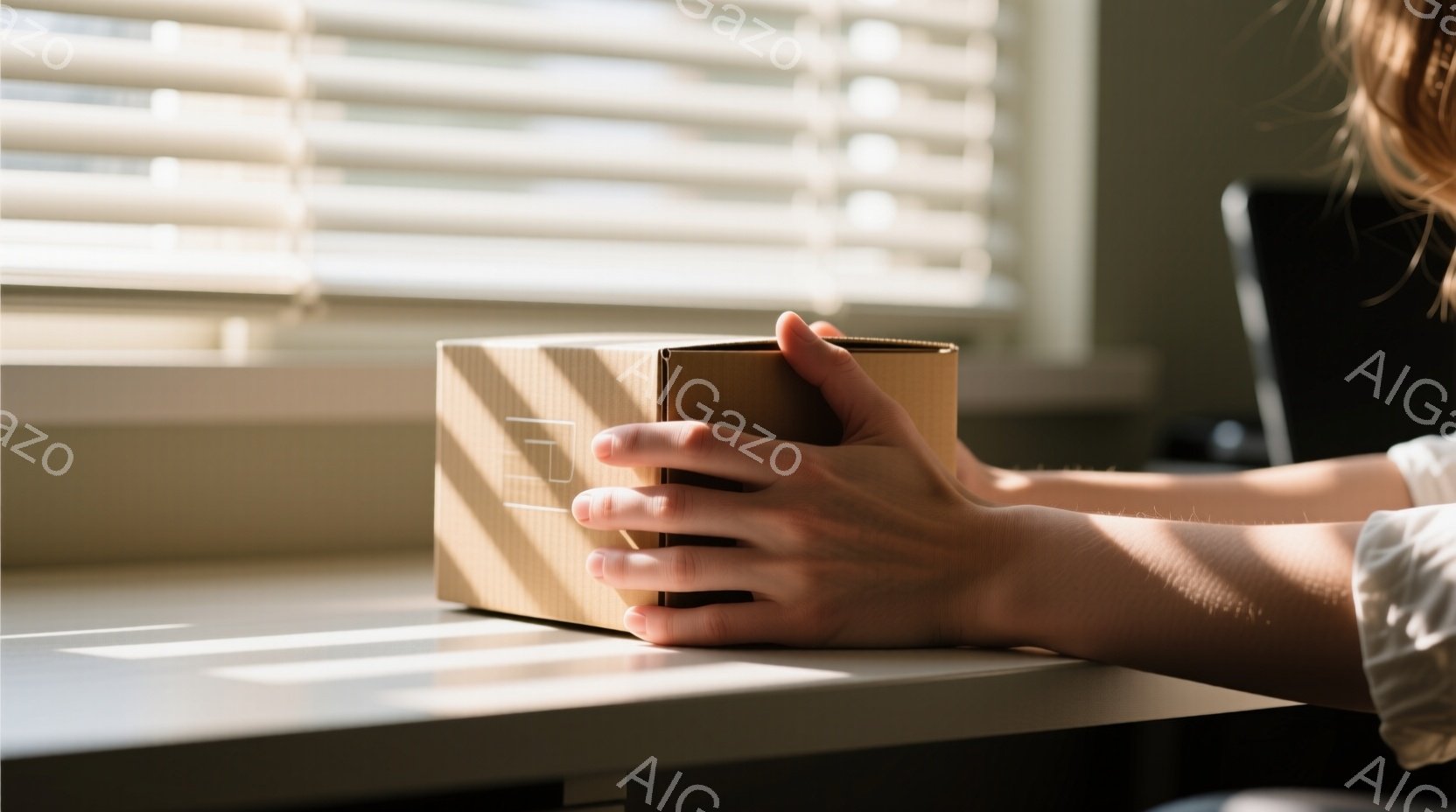 明るい光の中で、誰かが茶色の立方体の箱を両手で持っています。箱を持つ手は白シャツの袖とつながっており、背景には白いブラインドと黒い椅子が見えます。 全体的に、箱に注意を払っているという静かで内省的な雰囲気が漂っています。