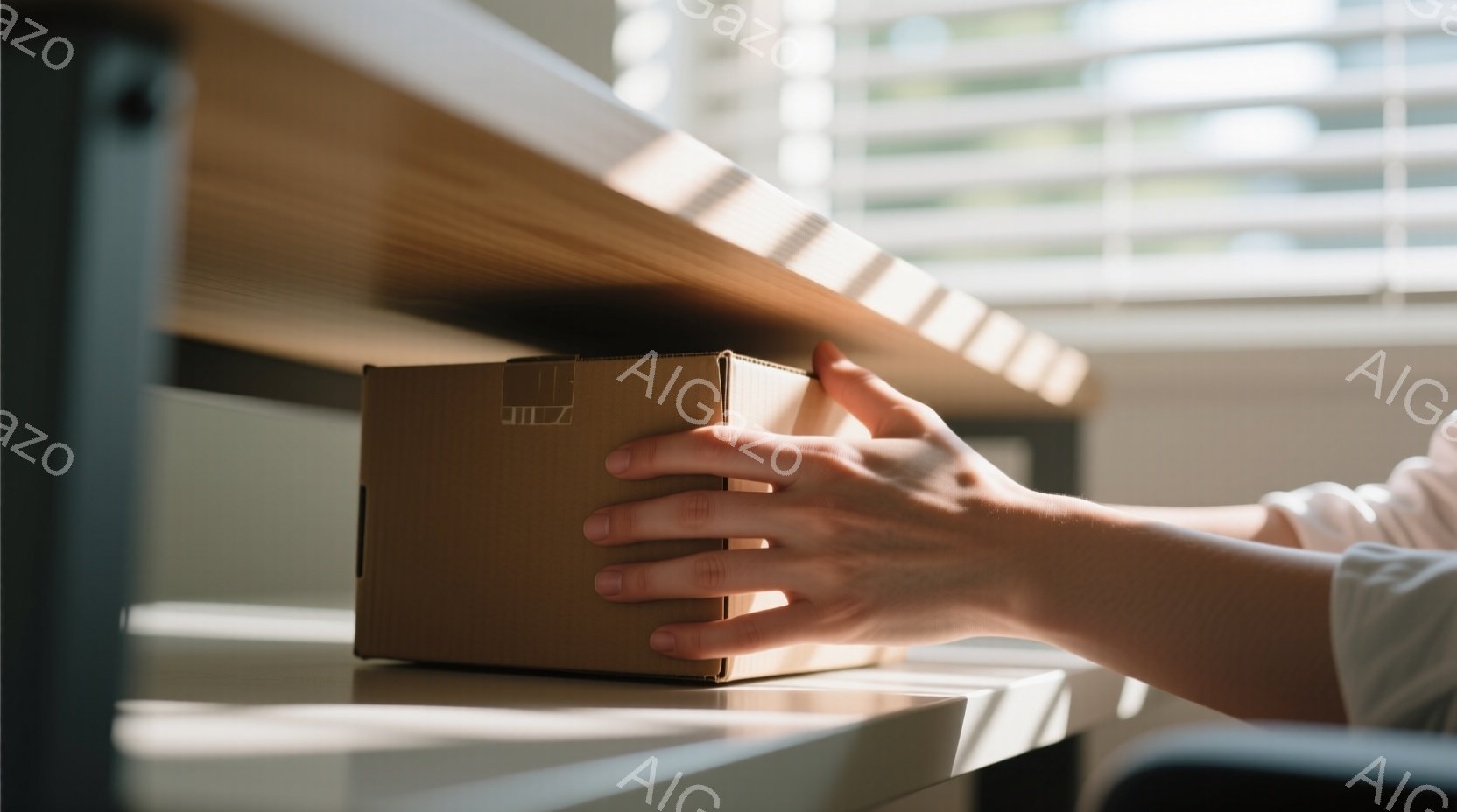 梱包された茶色の段ボール箱が、木製のテーブルの端に置かれており、誰かの手が箱を支えている様子が写っている。光が差し込み、テーブル上に縞模様の影を作り出している。背景はぼやけており、室内であることがわかるが、詳細は不明である。