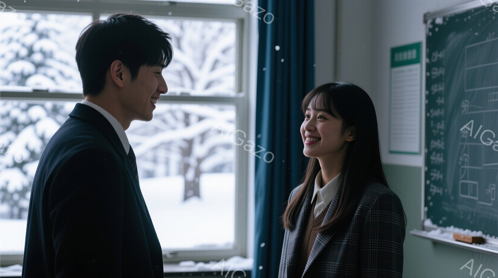少年と少女は、雪景色を背景に教室で向き合って立っている。少年は黒いスーツを着ており、微笑んでいる。少女はチェック柄のジャケットと白いシャツを着ており、満面の笑みを浮かべており、幸せな雰囲気が漂っている - AI生成フリー素材
