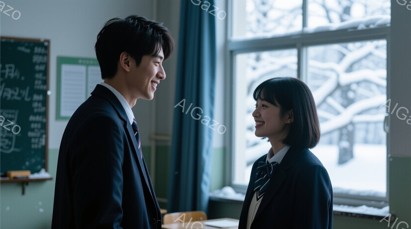 制服を着た若い男女が教室で向き合って微笑んでいます。男性は黒いブレザーとネクタイ、短髪で、女性はボブヘアに制服を着ており、互いに優しい眼差しを交わしています。窓の外は雪景色で、室内は明るく暖かく、全体 - AI生成フリー素材