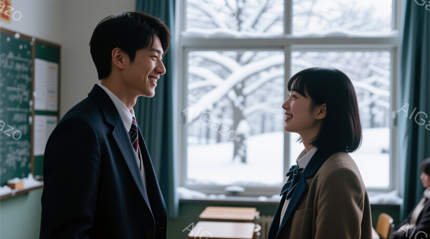若い男女が教室で向き合い、微笑み合っている。男性はネクタイと黒いスーツを着ており、女性は茶色のジャケットと白いシャツを着て、首にリボンを結んでいる。窓の外は雪景色で、木々が雪に覆われているため、静かで温かい雰囲気が漂っている。
