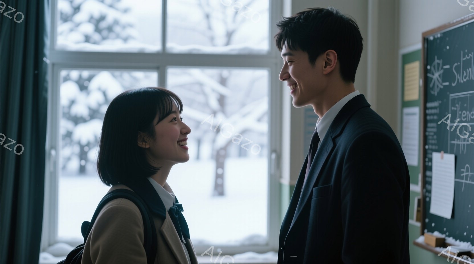 窓際に立つ若い男女が写っています。女性は茶色のジャケットを着て、紺色の制服を着ており、笑顔で男性を見上げています。男性は黒いスーツを着て、微笑みながら女性の方を向いており、背景には雪景色が広がる冬のキャンパスが見えます。