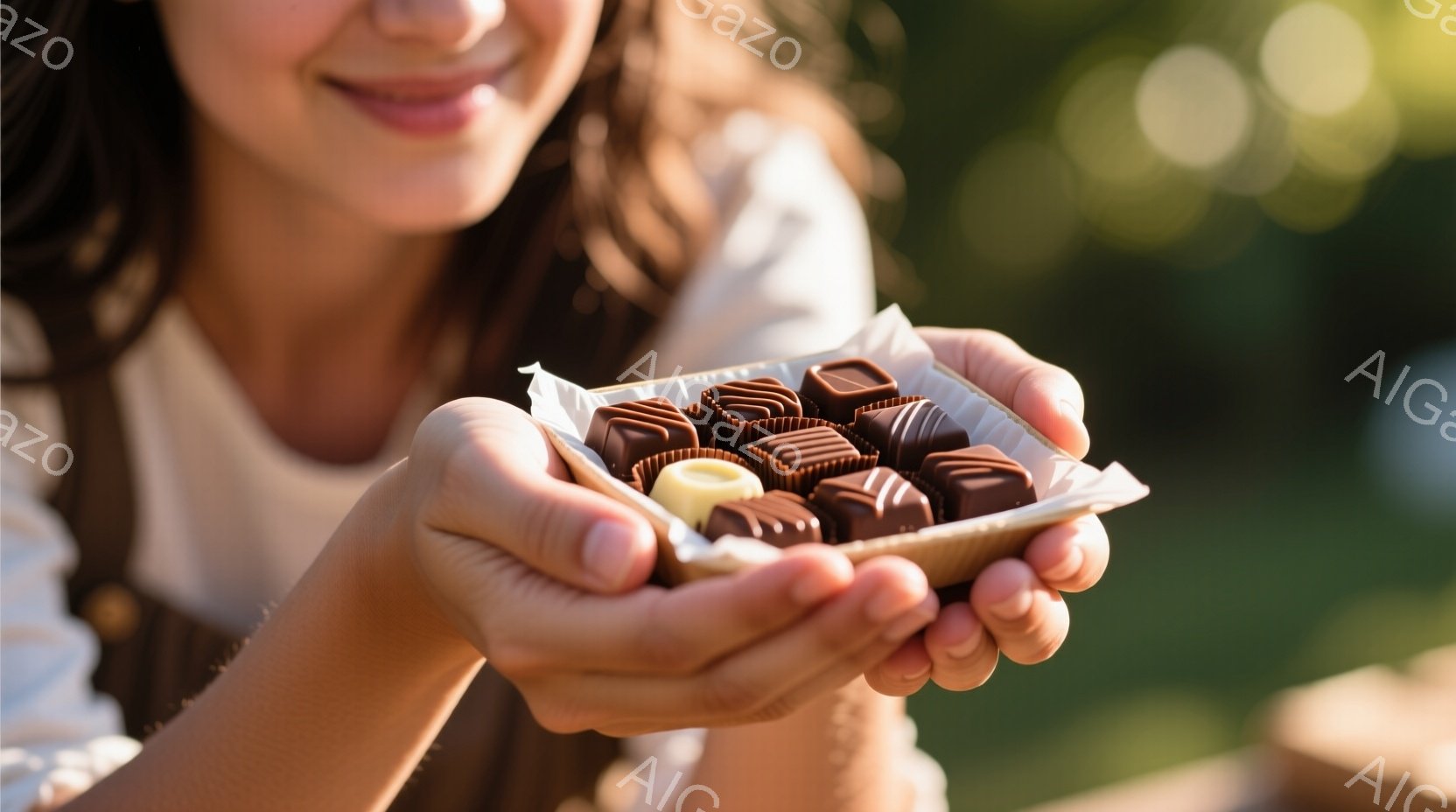 明るい屋外で、女性がチョコレートの詰め合わせの箱を両手で持っています。彼女は明るい色のシャツを着ており、髪は後ろでまとめています。背景には緑豊かな自然が見え、全体的に暖かく幸せな雰囲気が漂っています。 - AI生成フリー素材