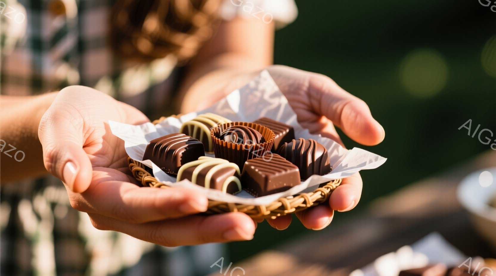 チョコレートが白い紙で敷かれた小さな編み込みのバスケットに入っており、女性の手のひらで優しく支えられています。女性は花柄の服を着ており、手は整っており、ネイルが施されています。背景は緑豊かで、柔らかい光が差し込み、甘くて心地よい雰囲気を醸し出しています。