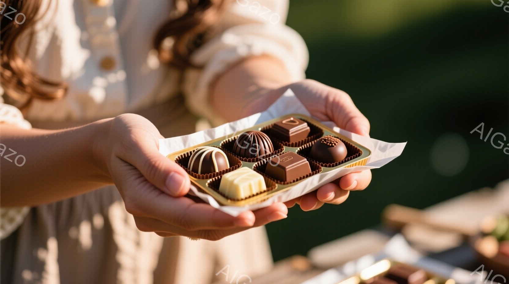 明るい光の中で、チョコレートが並んだトレーを両手で差し出している様子が写っている。着用者はベージュ色の長袖の服を着ており、髪は肩まで伸びていて、少しカールしている。背景には緑豊かな自然が見え、屋外でリラックスした、温かい雰囲気を感じさせる。