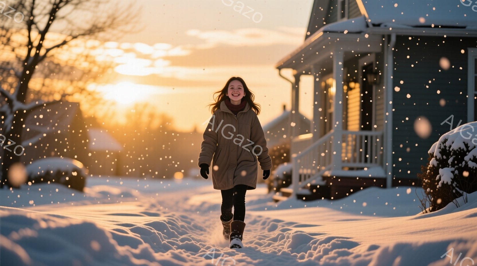 雪道の中を少女が歩いている。彼女は膝丈のコート、手袋、ブーツを身につけ、髪は肩まで伸びて自然なウェーブを描いている。背景には雪に覆われた家々と木々が広がり、夕焼けのような暖かく穏やかな光が全体を包んで - AI生成フリー素材