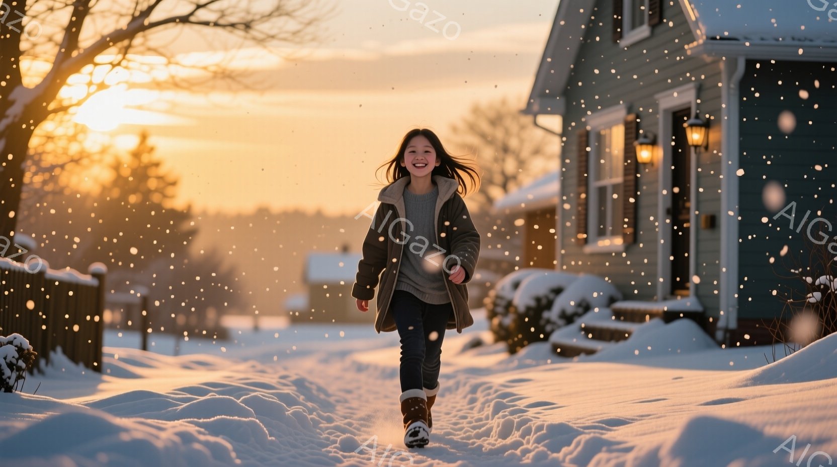 雪の降る住宅街を、茶色のコートとブーツを履いた少女が正面に向かって走っている。彼女は長い髪を後ろでなびかせ、笑顔で楽しそうにしている。背景には雪に覆われた家々と、夕焼けのようなオレンジ色の空が広がっており、暖かく穏やかな雰囲気を醸し出している。