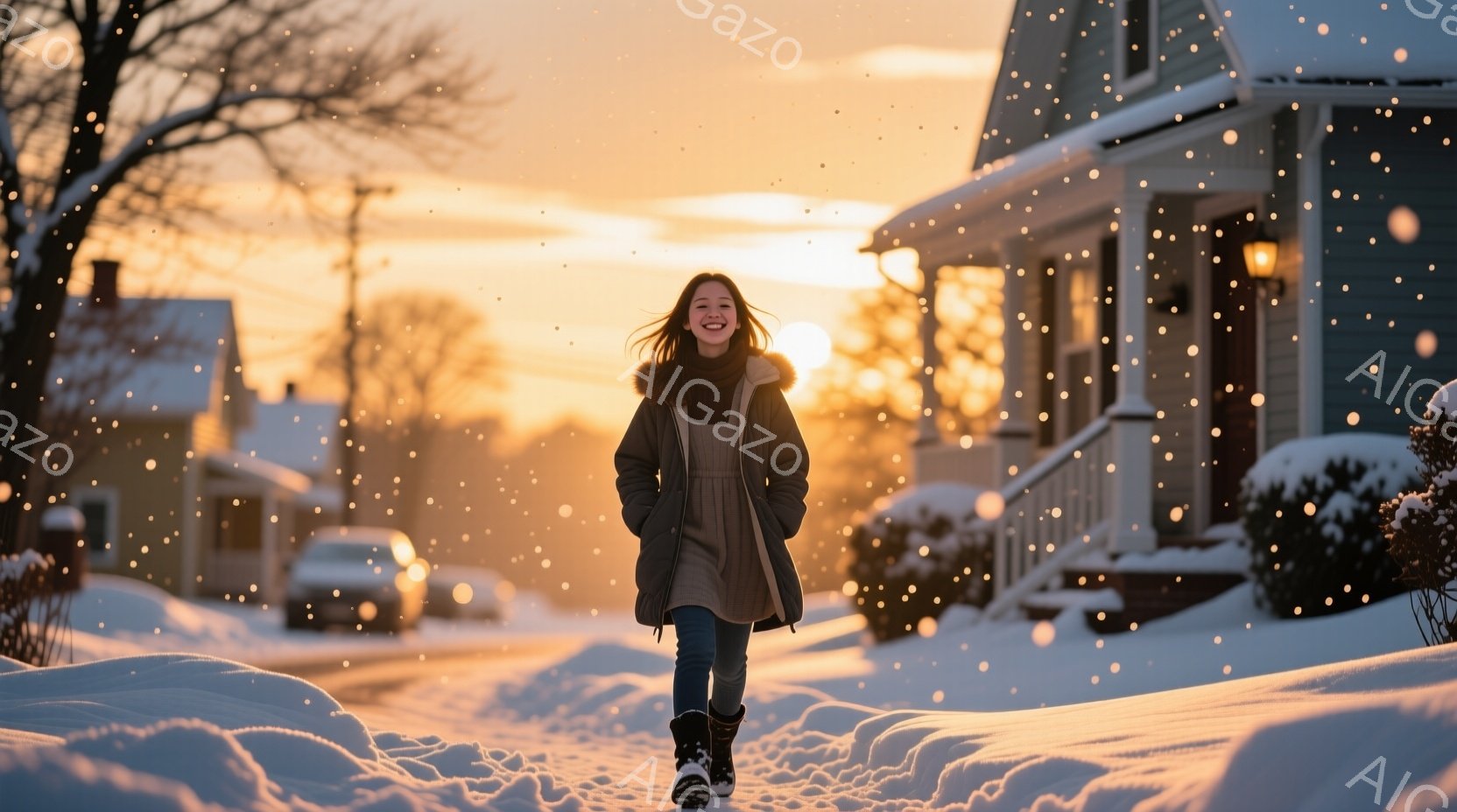 雪が舞う住宅街を、若い女性が笑顔で歩いている。彼女は黒いブーツと冬用のコートを着ており、風になびく長い髪が印象的だ。背景には雪に覆われた家々と、夕焼けのような暖色系の空が広がり、穏やかで希望に満ちた雰囲気を醸し出している。