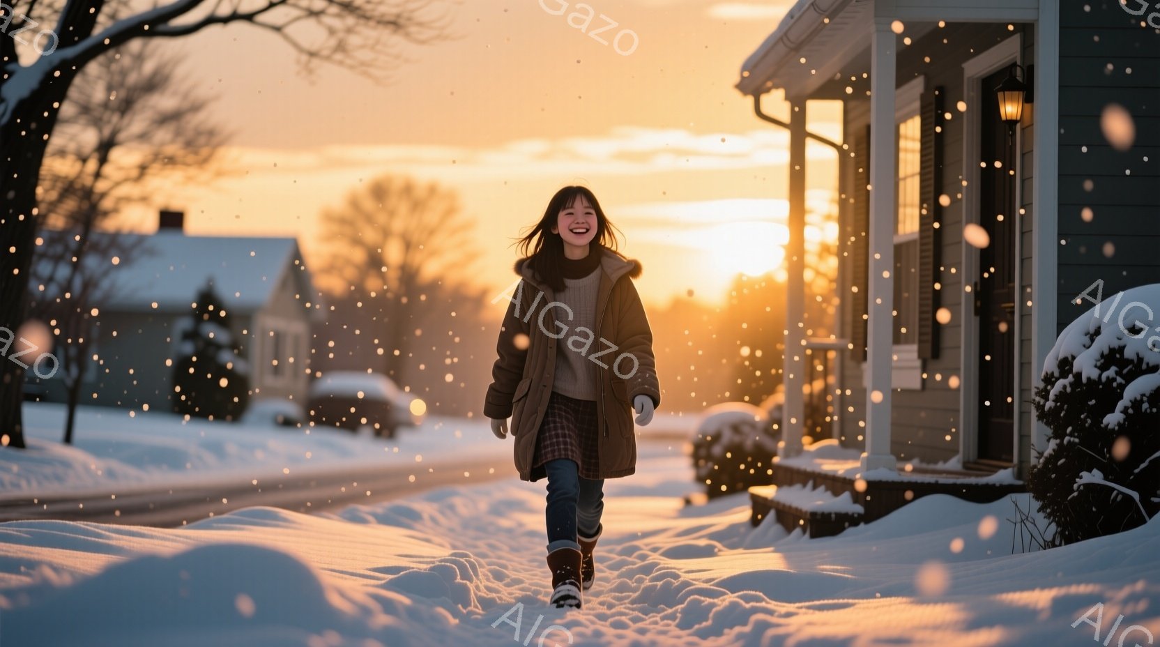 雪が降る住宅街を、若い女性が笑顔で歩いている。彼女は、チェックのスカートにロングコート、ブーツを履いており、髪は肩まで伸びている。背景には雪に覆われた家々が並び、夕焼けのような暖かい光が全体を包み込み、温かく幸せな雰囲気を醸し出している。