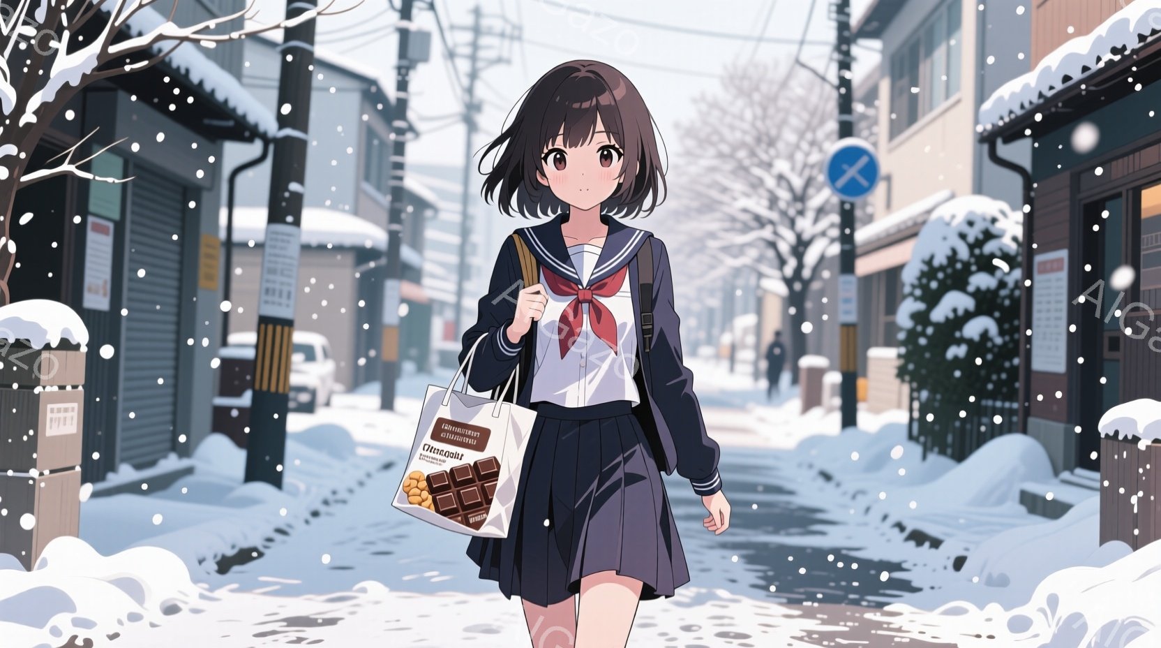 冬の雪景色の中を歩く女子高生が描かれています。彼女は制服姿で、長い黒髪をサイドに流し、少し微笑んでいます。背景には、雪に覆われた古い街並みが広がり、冬の静かで穏やかな雰囲気が漂っています。