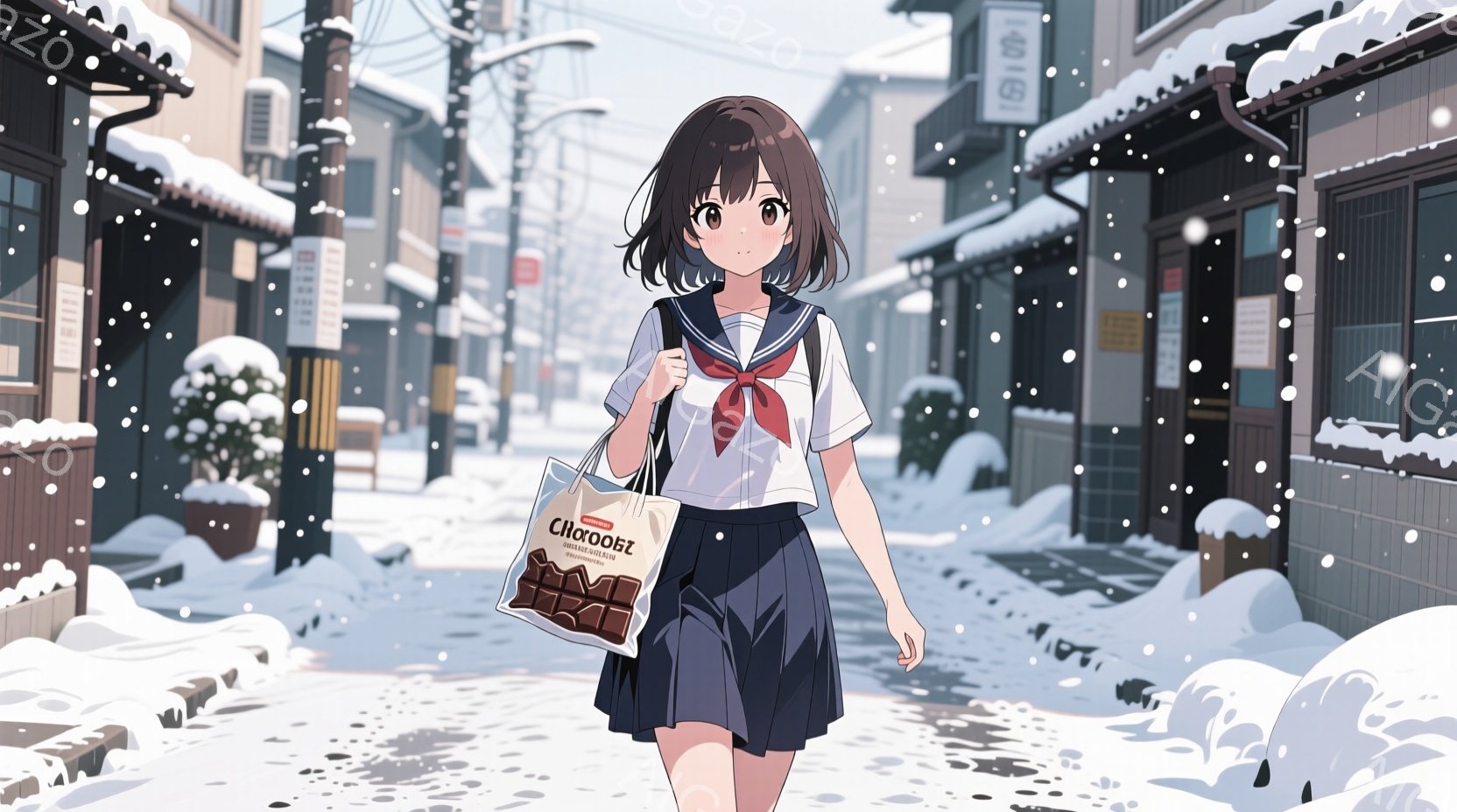 雪が降る街並みを、セーラー服姿の少女が歩いている。彼女は茶色のボブヘアで、わずかに微笑みを浮かべており、手にはチョコレートが入った紙袋を持っている。背景には伝統的な日本家屋が並び、雪景色が静かで穏やかな雰囲気を醸し出している。