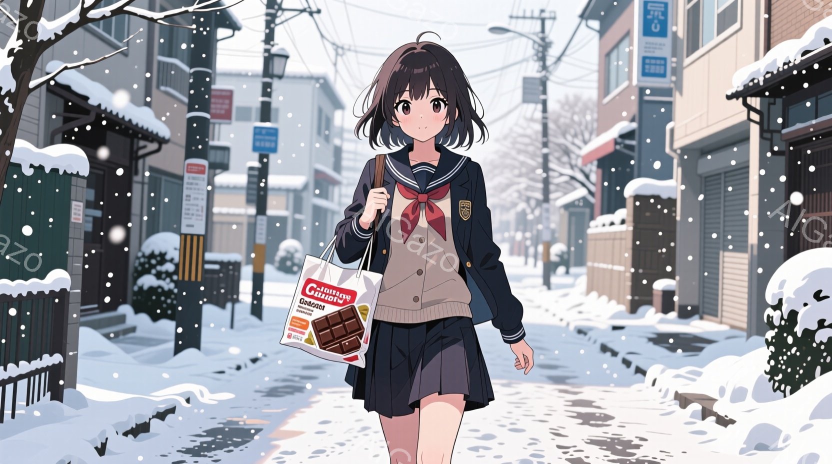 茶色の髪の少女が雪の降る街路を歩いている。彼女は学校の制服、セーラー服にネクタイ、茶色のスカート、そして黒い靴を履いている。背景には、雪で覆われた建物や街路樹が広がり、冬の静かで穏やかな雰囲気を醸し出している。