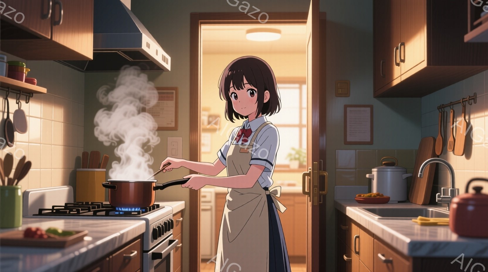 少女はエプロンをつけ、キッチンで料理を作っています。彼女は短い茶髪で、少し微笑んだ表情を浮かべており、鍋をかき混ぜています。背景には、暖色系のキャビネット、調理器具、そして少し開いたドアが見え、温かく - AI生成フリー素材