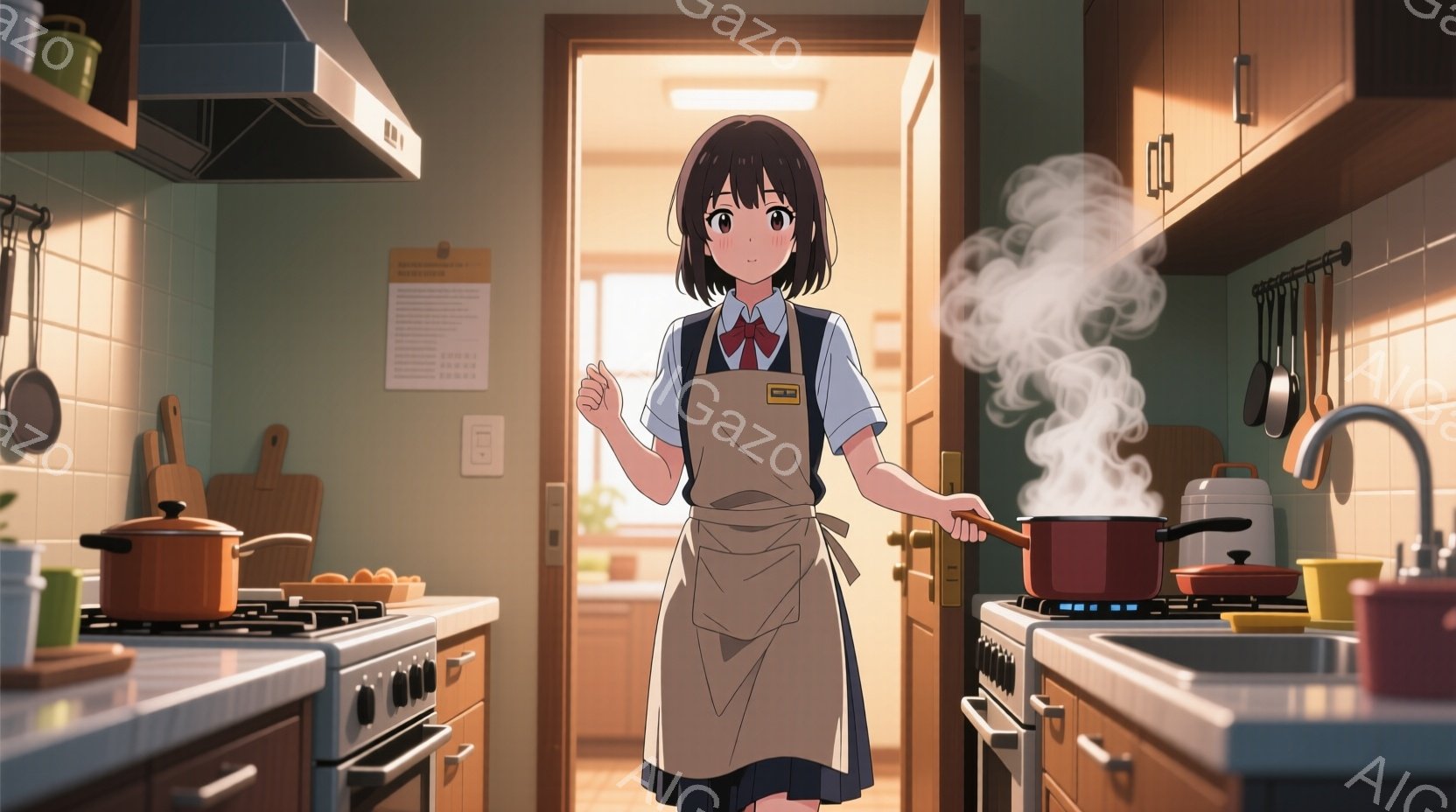 明るいキッチンで、エプロンをつけた少女が鍋を手に立っている。彼女は黒髪のショートヘアで、少し微笑んだ表情をしている。背景には調理器具や食器棚があり、暖色系の照明がキッチン全体を温かい雰囲気で満たしてい - AI生成フリー素材