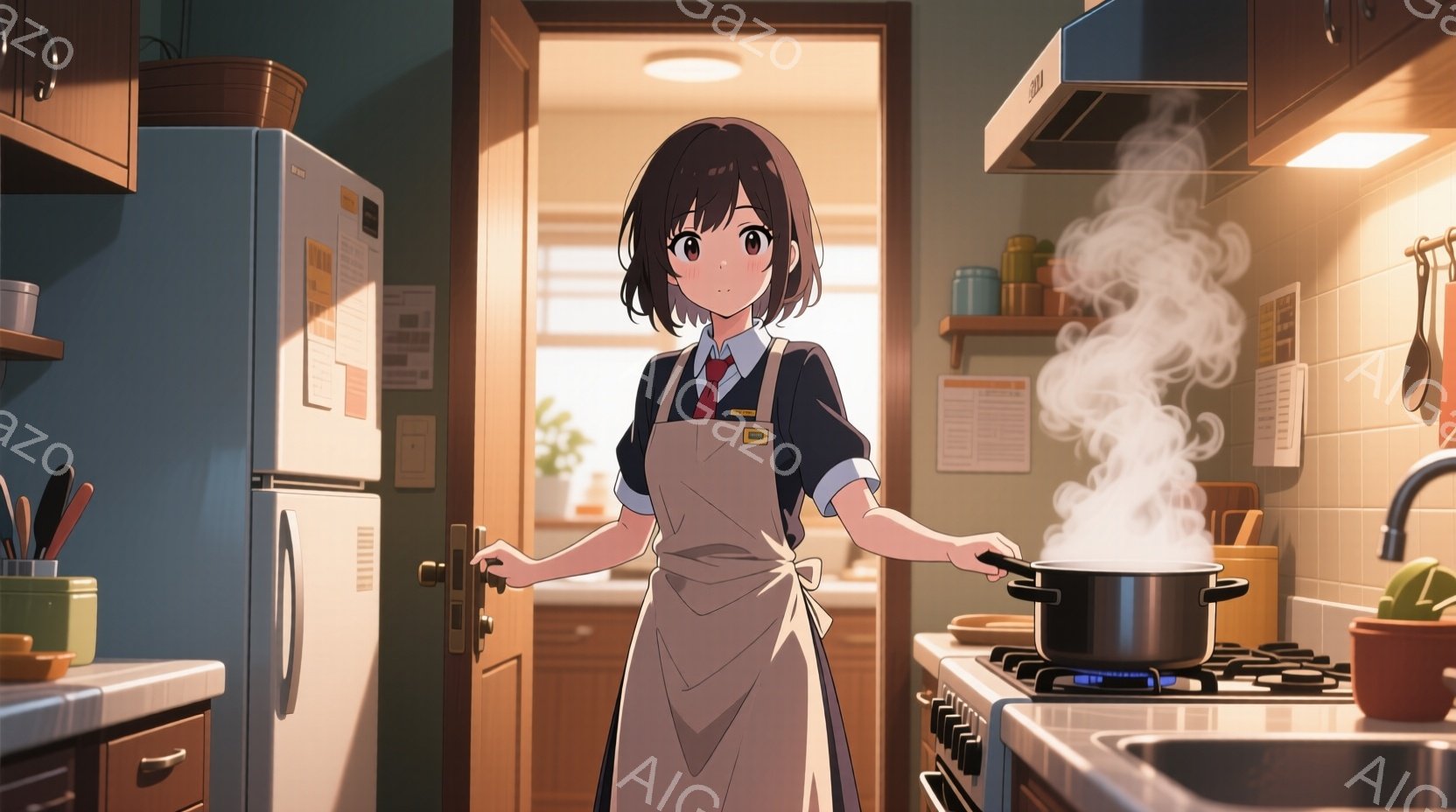 茶髪の少女がエプロン姿でキッチンに立っている。彼女は鍋を見つめ、少し緊張した表情をしているが、どこか優しい雰囲気を持っている。背景には冷蔵庫や調理器具が並び、キッチン全体が暖かく、家庭的な雰囲気を醸し出している。