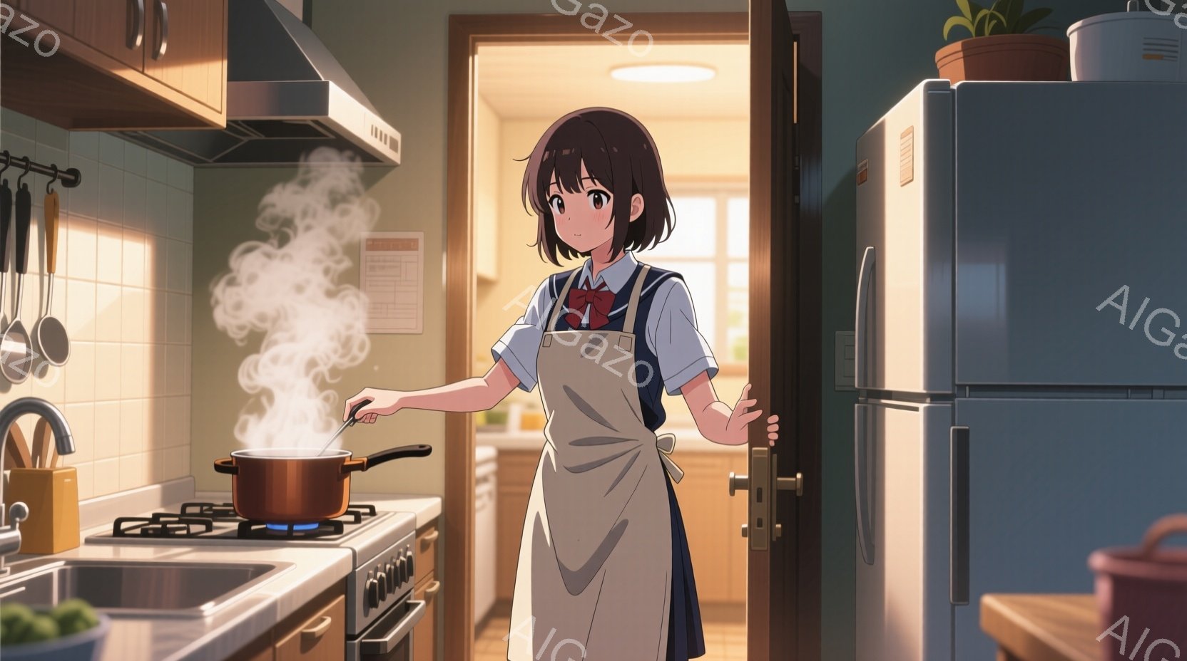 明るいキッチンで、茶髪の少女がエプロンをつけて料理をしている。彼女は少し微笑み、鍋をかき混ぜながら、どこか安心した表情をしている。背景には冷蔵庫や調理器具が見え、暖かく穏やかな家庭的な雰囲気が漂っている。
