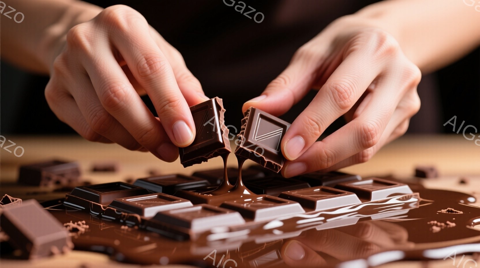 溶けたチョコレートの塊を両手で割ろうとしている様子が写っています。背景には、溶け出したチョコレートが広がり、茶色の正方形のチョコレートが並んでいます。全体的に、甘くて贅沢な雰囲気が漂っています。