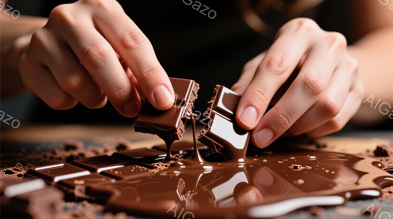 溶けたチョコレートの中に、砕かれたチョコレートを握る手が写っている。チョコレートは艶やかで、表面に光沢があり、溶けたチョコレートが滴り落ちている。背景は暗く、チョコレートの豊かな茶色が際立っており、甘く濃厚な雰囲気を醸し出している。