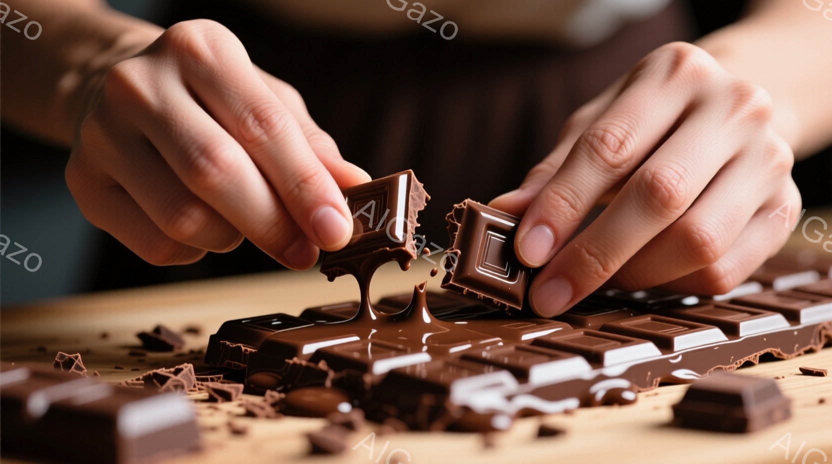 チョコレートの塊が割れている様子が写っている。茶色のチョコレートが木製のテーブルに散らばり、片手に持ったチョコレートからは溶けたチョコレートが垂れ下がっている。暖色系の照明とチョコレートの濃い茶色が、 - AI生成フリー素材