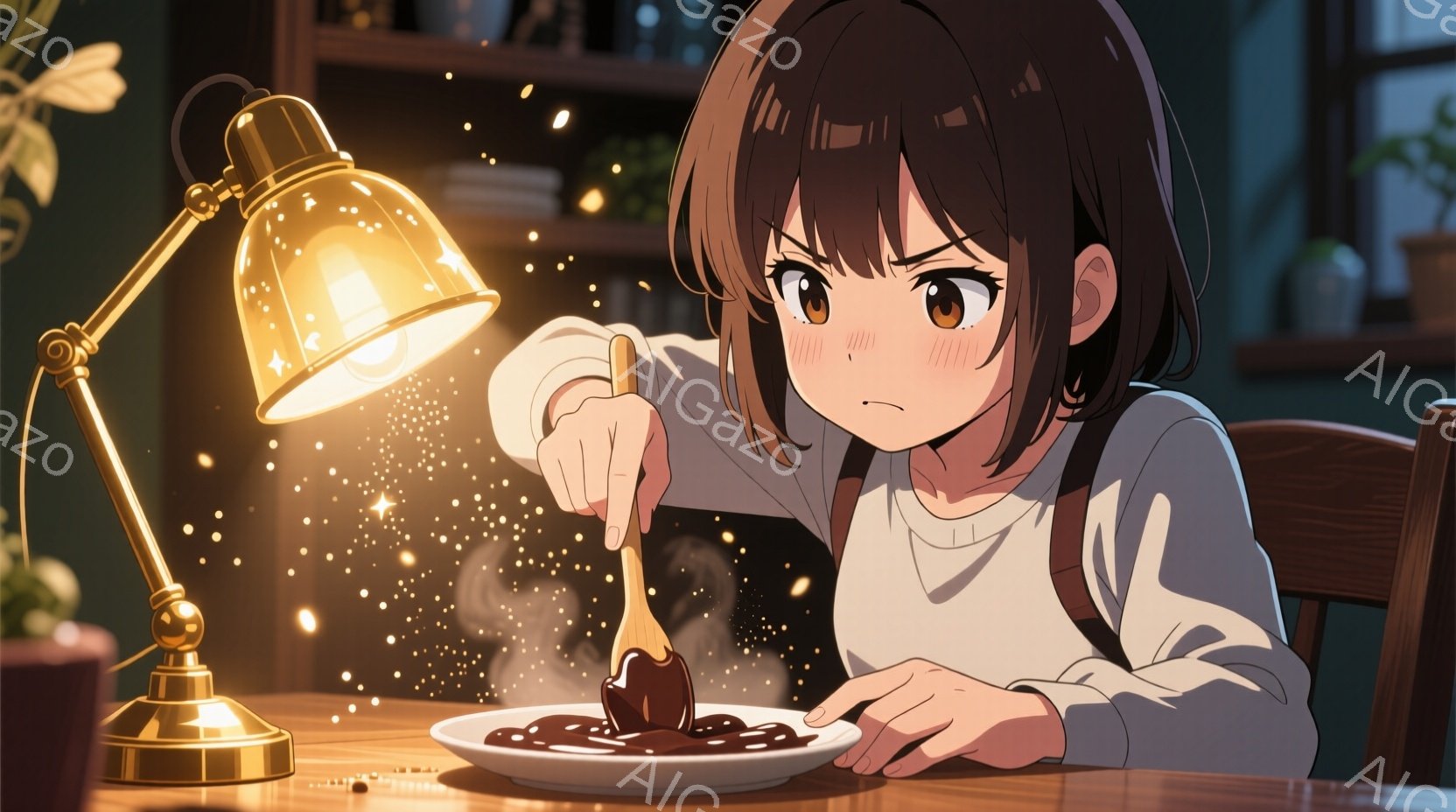 茶髪のショートヘアの女性が、焦げ茶色の何か（おそらくチョコレートソース）をスプーンで混ぜています。彼女は白いセーターを着ており、少し不機嫌そうな表情をしています。背景には木製のテーブル、ランプ、本棚が - AI生成フリー素材