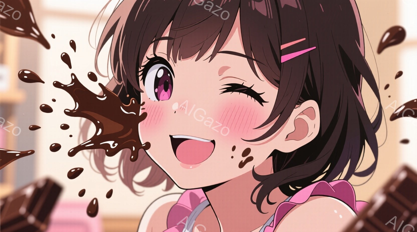 明るい茶色の髪をハーフアップにした少女が、チョコレートで顔を覆われながら満面の笑みを浮かべている。ピンク色のフリルがついた白いトップスを着ており、頬は赤く染まっている。背景はぼやけており、チョコレート - AI生成フリー素材