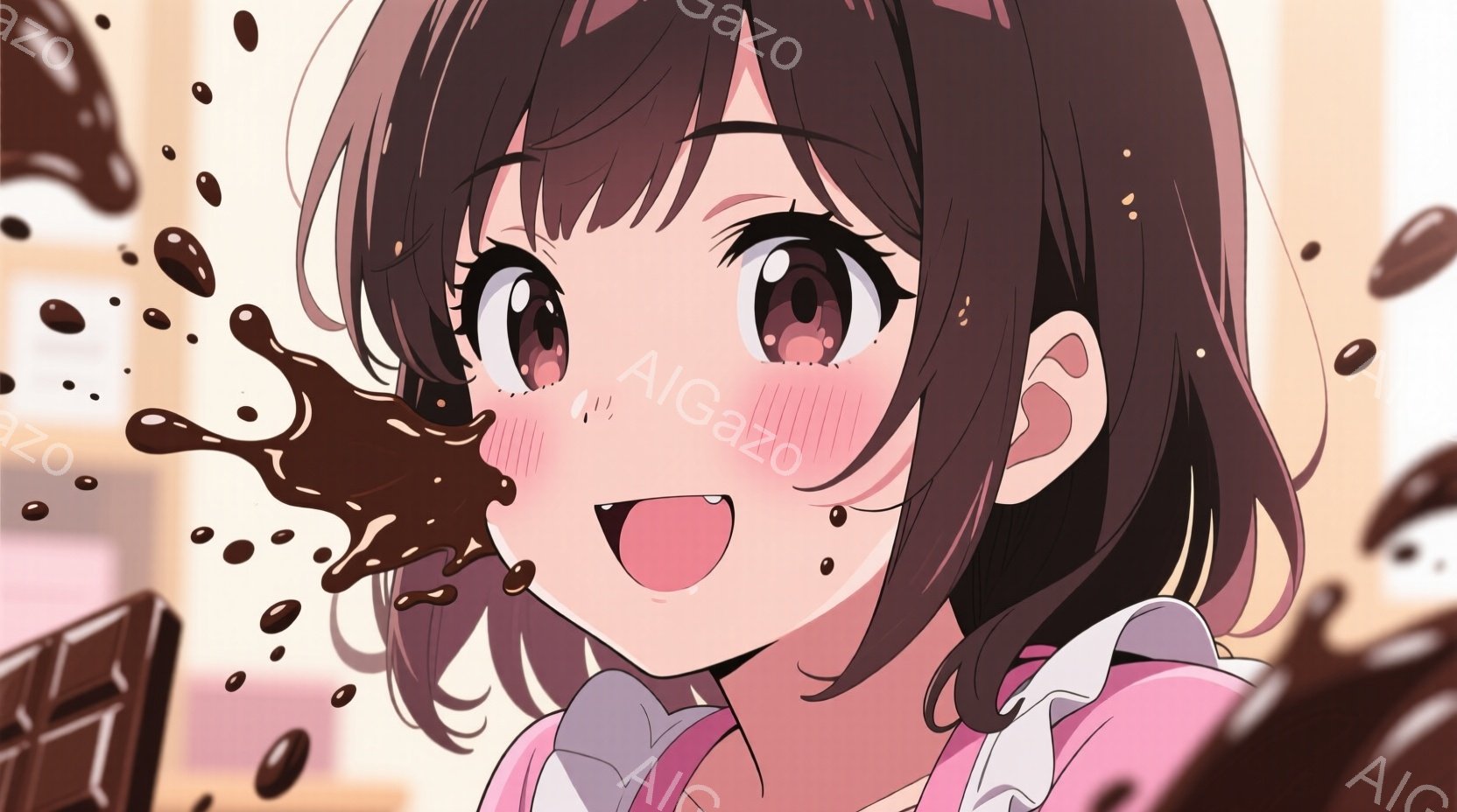 茶色の巻き毛の少女が、チョコレートで顔を汚しながら笑顔を浮かべている。ピンクのフリル襟のシャツを着ており、背景には溶けたチョコレートとチョコレートの塊が飛び散っている。全体的に明るく、楽しげな雰囲気で - AI生成フリー素材