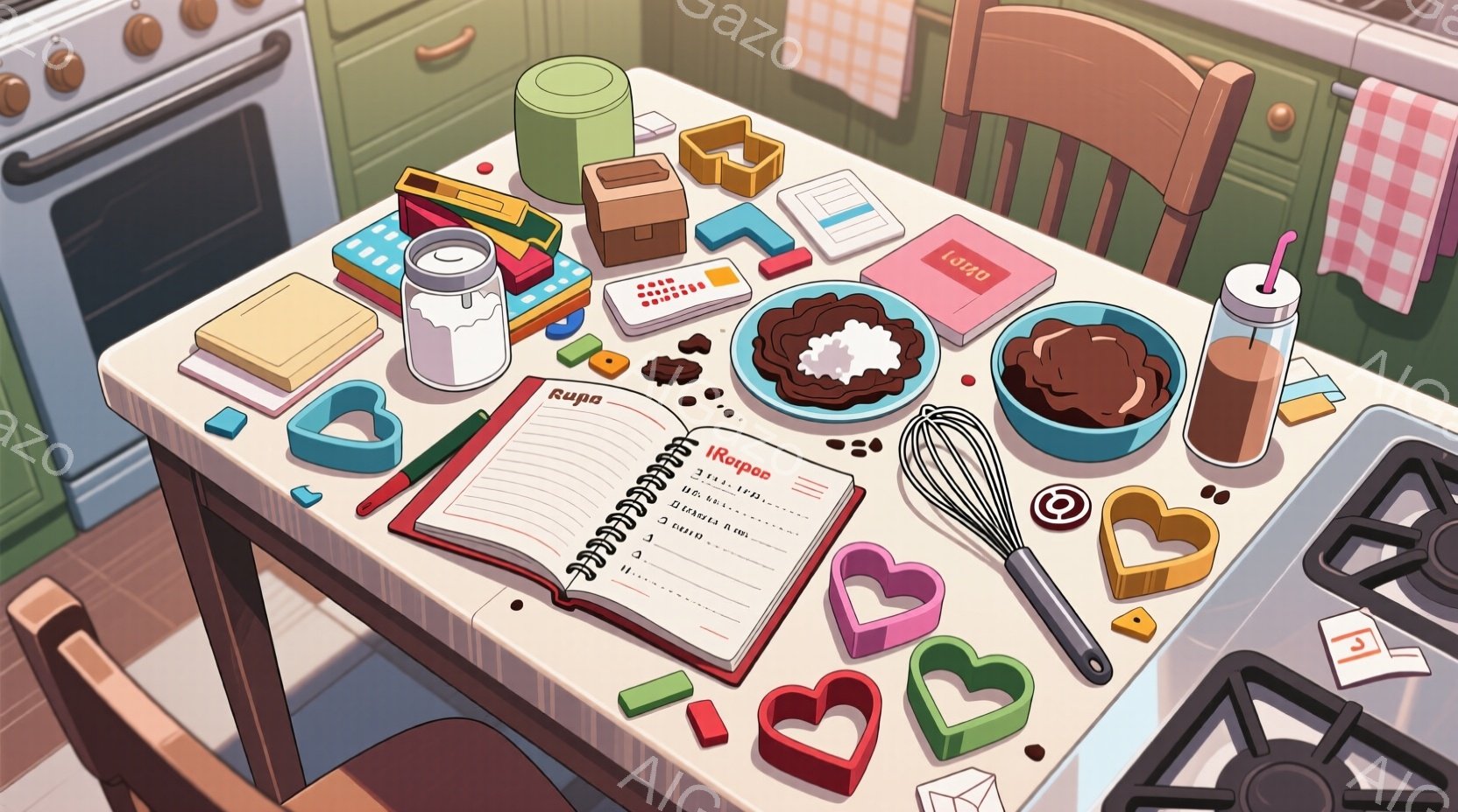 調理台の上からの視点で見られた、料理の準備風景を描いています。様々な色のクッキー型、泡立て器、そしてチョコレートが入ったボウルや粉類が置かれ、開いたレシピ本には手書きの文字が見えます。暖色系の色調と整 - AI生成フリー素材