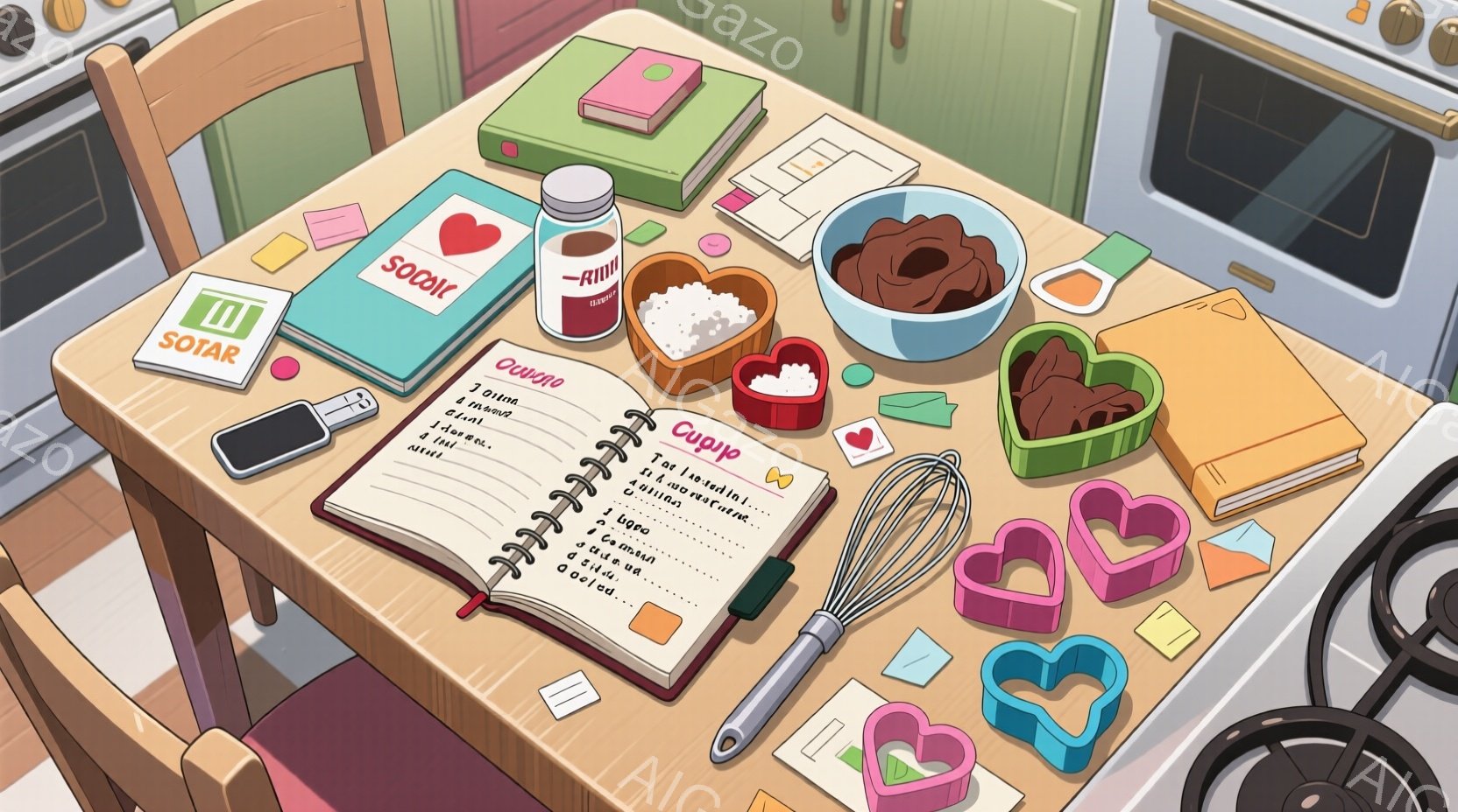 キッチンのカウンタートップに、製菓材料が散らばっています。開いたレシピ本、小麦粉の袋、カラフルなハート型のシリコン型、そしていくつかの調味料や容器が置かれています。温かみのある木製のカウンターと、背景 - AI生成フリー素材