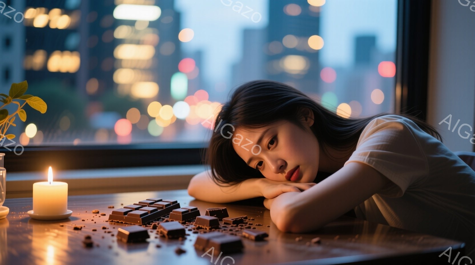 長い黒髪を広げ、白いトップスを着た女性が肘をついてテーブルに頬を預けている。テーブルの上には溶けたチョコレートと、いくつかのチョコレートの欠片が散らばり、キャンドルの光が暖かく照らしている。背景には夜景のビル群がぼんやりと見え、少し物憂げで落ち着いた雰囲気が漂っている。