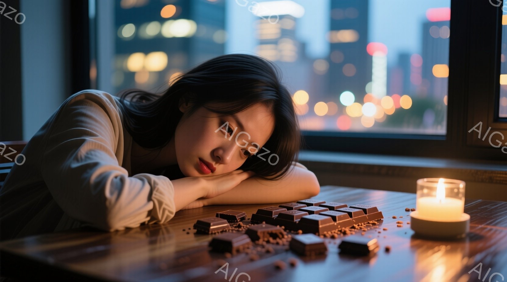 長い黒髪の女性が木製のテーブルに肘をついてうつむいている。彼女は白いセーターを着ており、どこか寂しげな表情をしている。背景には夜景が広がり、テーブルの上にはチョコレートと灯されたキャンドルが置かれ、物 - AI生成フリー素材