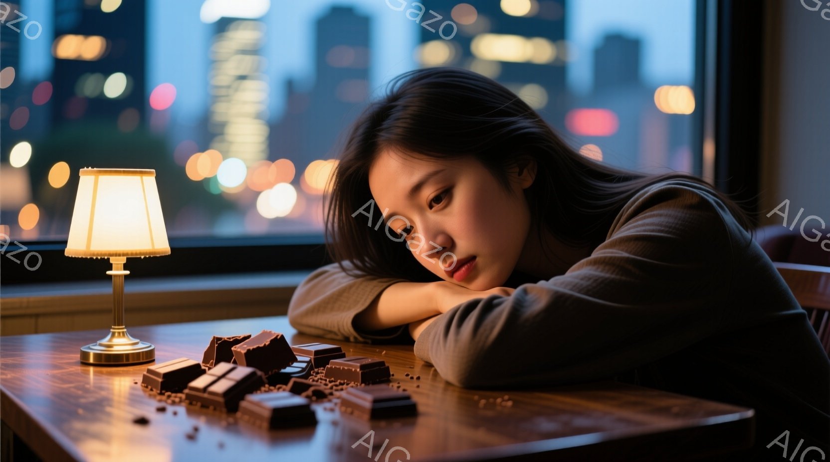 長い黒髪を無造作に垂らし、ベージュ色のセーターを着た若い女性がテーブルに肘をついて顔を伏せている。テーブルの上には砕けたチョコレートとチョコレートの塊が散らばっており、背後には夜景のぼやけた都市の明かりが見える。 全体的に、少し憂鬱で寂しげな、内省的な雰囲気が漂っている。