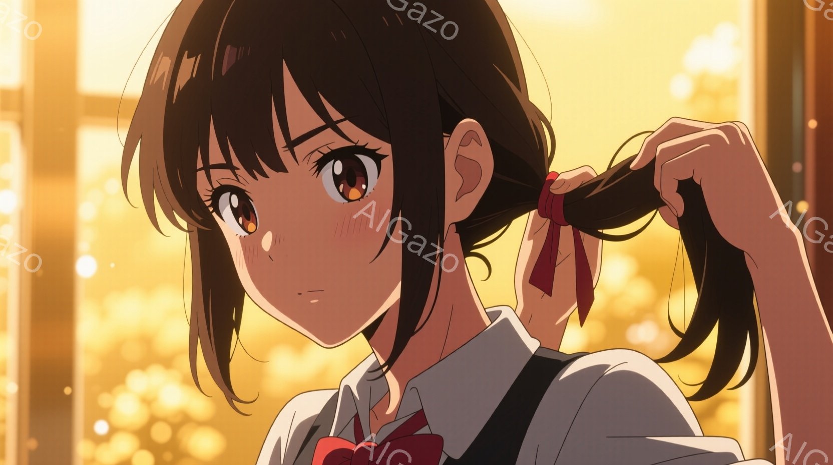 明るい茶色の髪を後ろで二つに結び、赤いリボンで飾った少女が描かれています。彼女は白いシャツに赤いリボンタイ、そして黒いベストを着用しており、少し微笑み、少し恥ずかしそうな表情をしています。背景はぼやけた光のぼかしで、暖かく穏やかな雰囲気を作り出しています。