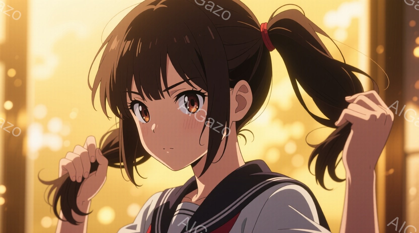 黒髪の少女が、茶色の瞳でこちらを見つめています。彼女は制服姿で、髪を両手で少し乱したように握っており、頬には薄い赤みが差し、少し照れているような表情をしています。背景はぼかした黄金色の光で満たされており、暖かく柔らかな雰囲気です。