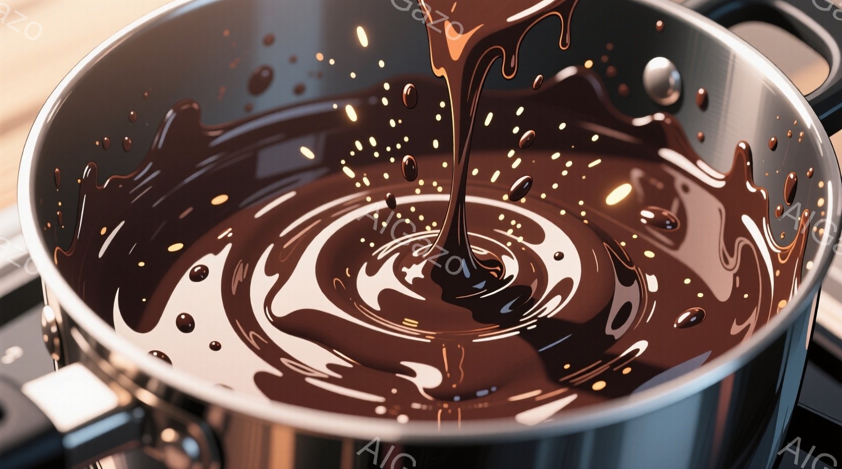 鍋の中に溶けたチョコレートが渦巻いており、表面には小さな雫が飛び散っている様子が捉えられています。ステンレス製の鍋は光沢があり、背景にはぼやけた木製のカウンターが見えます。全体的に、温かく甘い、美味し - AI生成フリー素材