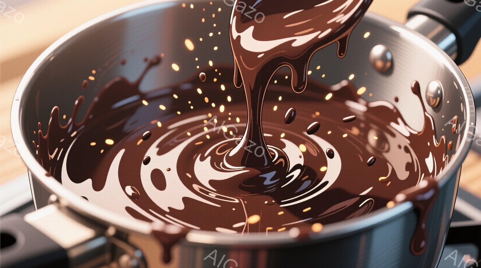鍋の中で溶けたチョコレートが渦巻いており、表面には小さなチョコレートビーンズが散りばめられています。ステンレス製の鍋は光沢があり、背景はぼやけていますが、キッチンの一部であることがわかります。温かく、 - AI生成フリー素材