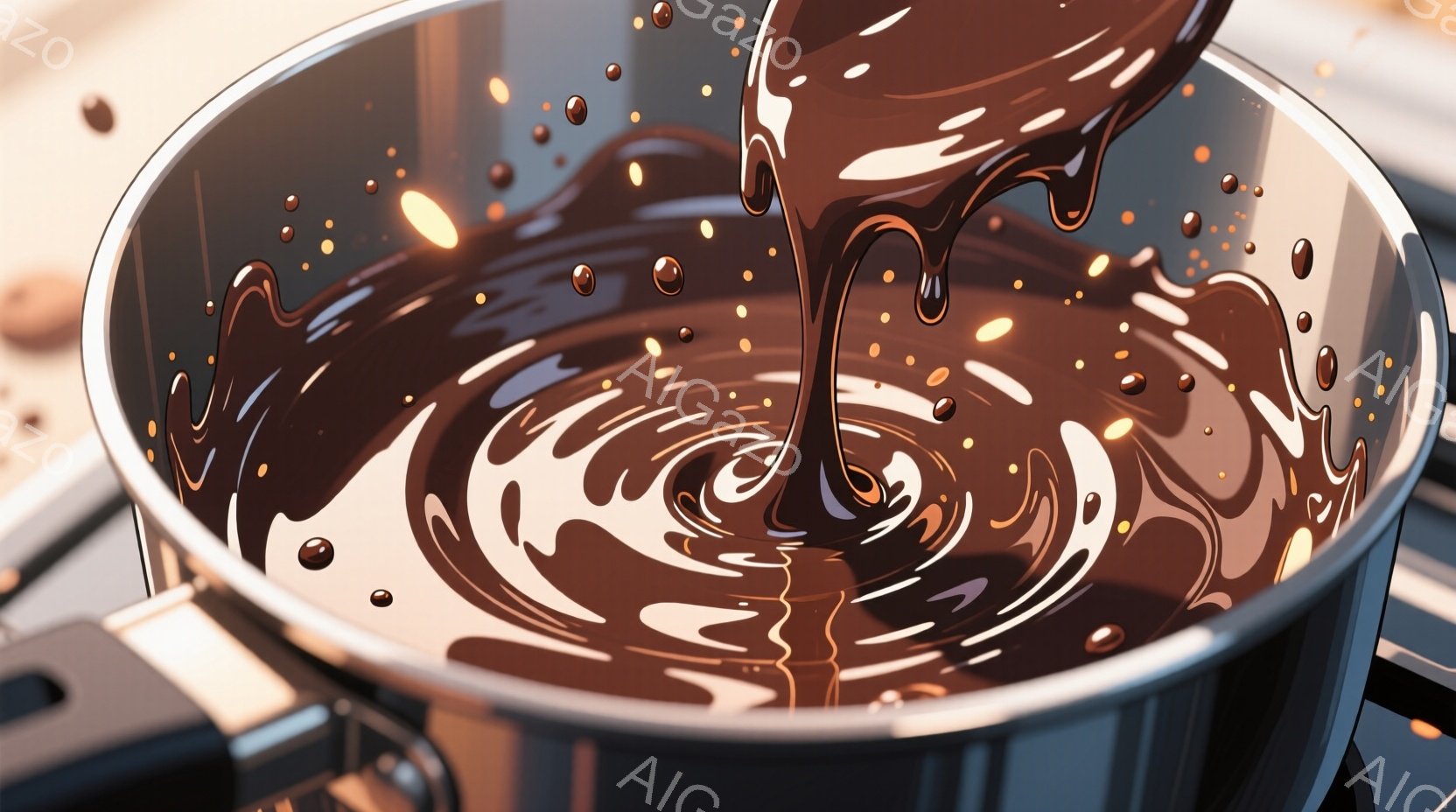 鍋の中で溶けたチョコレートが渦巻いており、表面には小さな水滴が散らばっている。ステンレス製の鍋は光沢があり、背景にはぼやけた台所の様子が見える。温かく、甘い香りが漂ってくるような、魅力的な雰囲気である - AI生成フリー素材