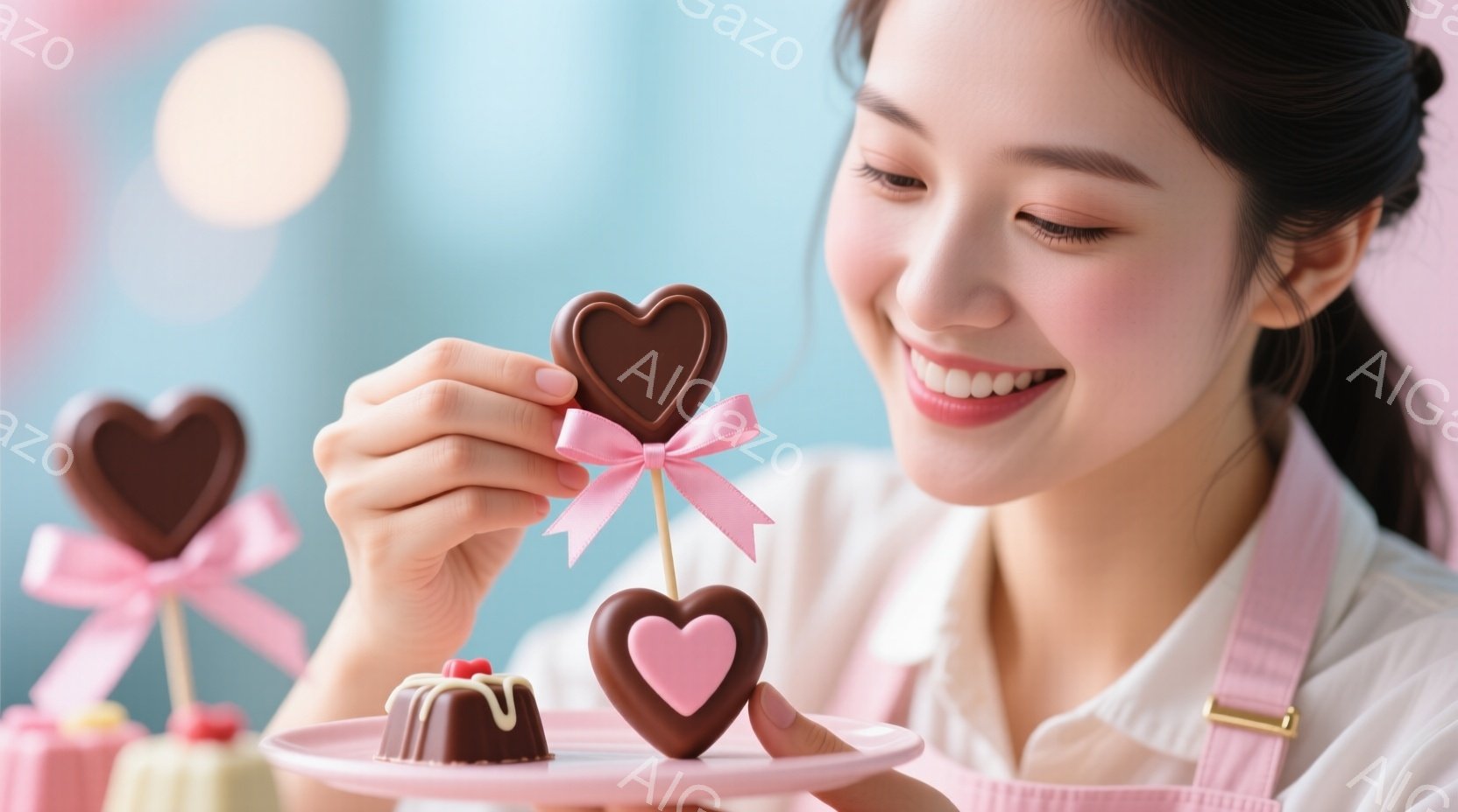 女性がチョコレートの棒付きキャンディーを手に持っています。彼女は白いブラウスとピンクのエプロンを着ており、髪は後ろでまとめています。背景は淡いピンクと青で、お菓子が並べられており、全体的に温かく、幸せな雰囲気です。