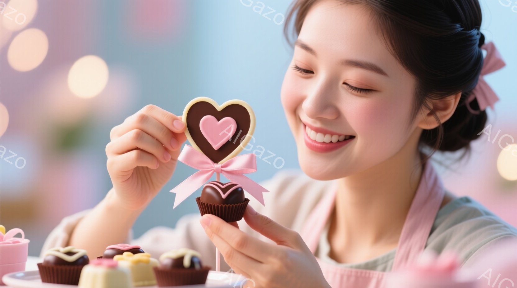 明るい笑顔の女性が、チョコレートで作られた可愛らしい飾りを手に持っています。彼女はエプロン姿で、髪を後ろでまとめており、背景には様々なチョコレートが並んだケーキスタンドが見えます。全体的に温かく、甘い雰囲気が漂い、バレンタインデーのような特別なイベントを連想させます。