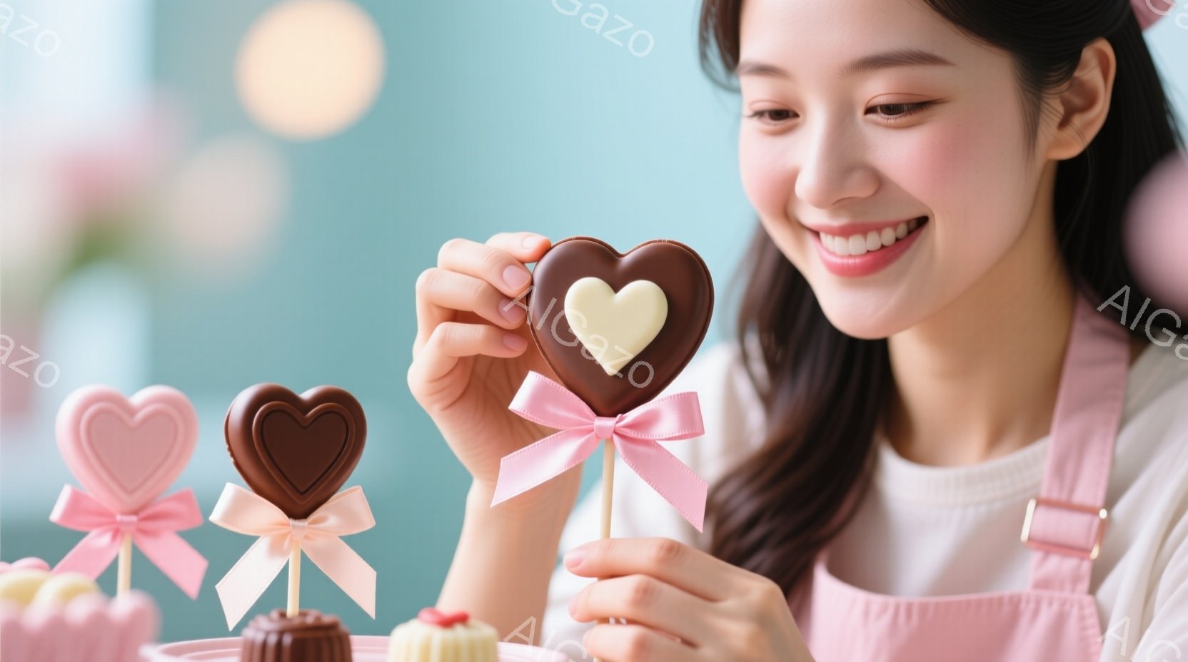 明るい背景の中に、ピンクのエプロンをつけた女性がチョコレートのハート型のお菓子を持っています。彼女は微笑んでおり、お菓子に注目しているようです。背景には他のデザートや淡いピンクの花がぼんやりと見え、全体的に甘くて優しい雰囲気です。